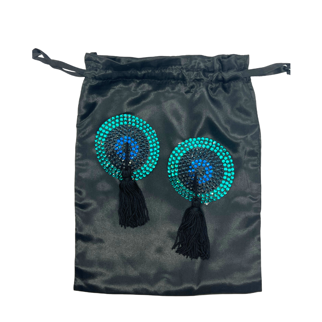 Velvet Underground Blue & Green Crystal Pasties, Nipple Covers with Tassel