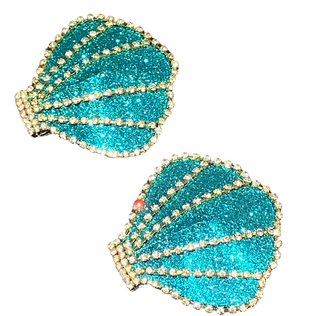 AQUA VITA Aqua Shell Glitter & Rhinestone Pezón Pasties, Cubiertas para Lencería Burlesque Festivales Raves