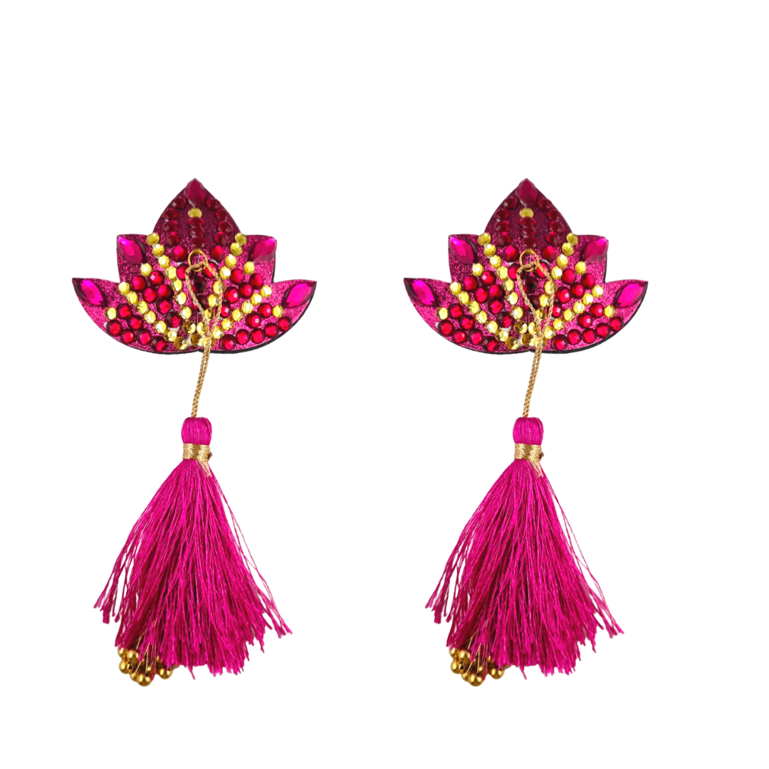 THE PINK LOTUS Pastel de pezón de flor de loto rosa, cubierta de pezón (2 piezas) con borlas de cuentas rosas y doradas para lencería Carnaval Burlesque Rave