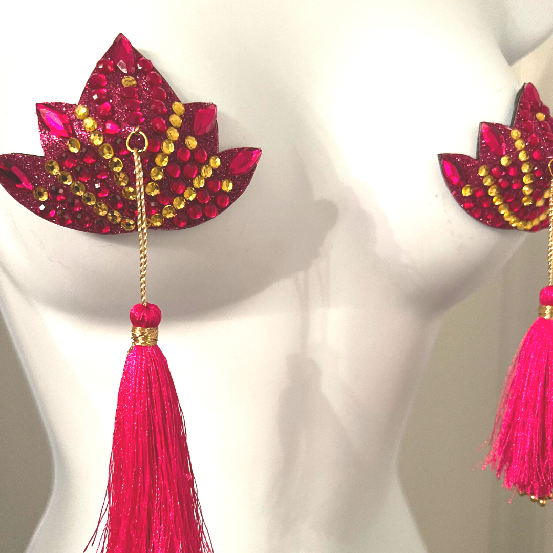 THE PINK LOTUS Pastel de pezón de flor de loto rosa, cubierta de pezón (2 piezas) con borlas de cuentas rosas y doradas para lencería Carnaval Burlesque Rave
