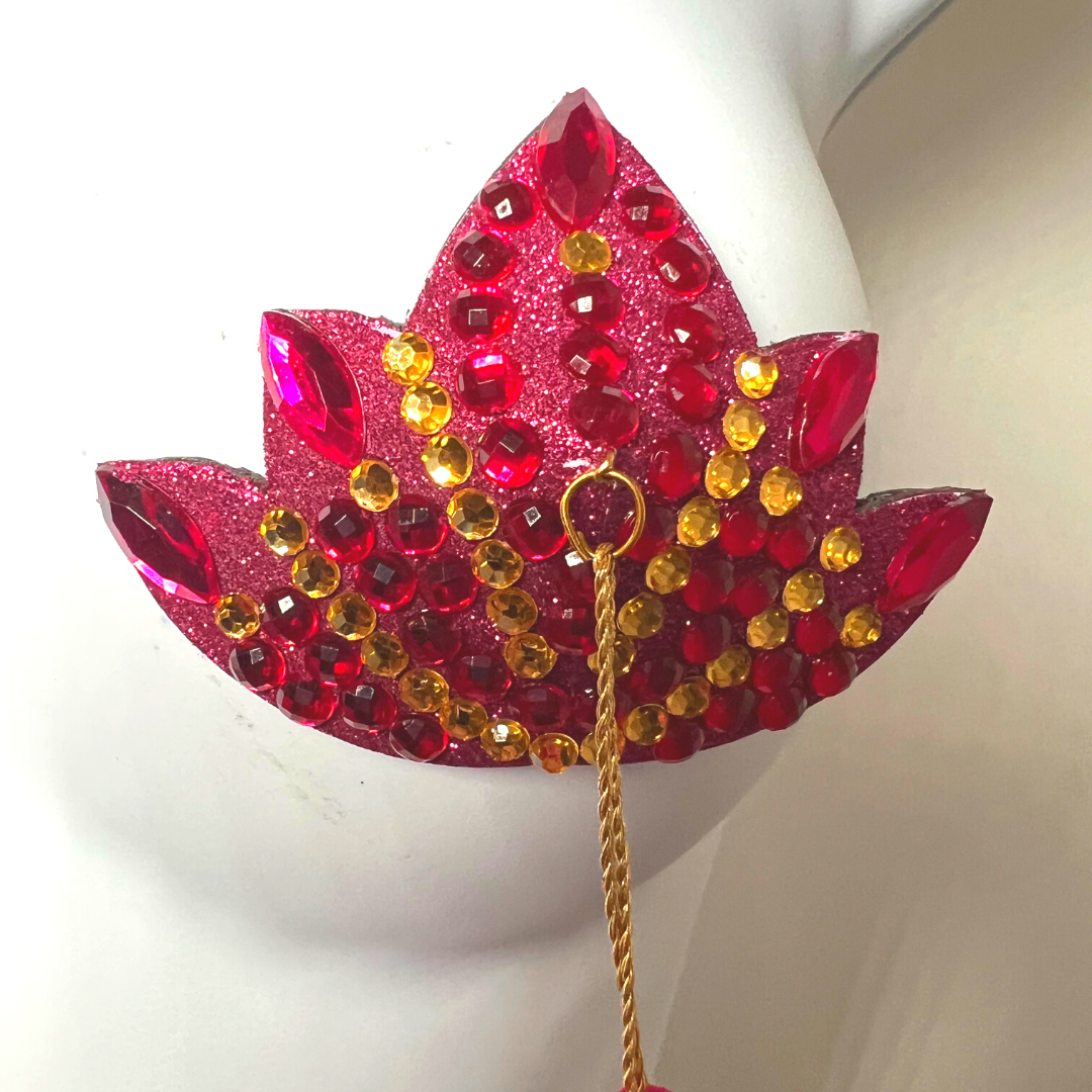 THE PINK LOTUS Pastel de pezón de flor de loto rosa, cubierta de pezón (2 piezas) con borlas de cuentas rosas y doradas para lencería Carnaval Burlesque Rave