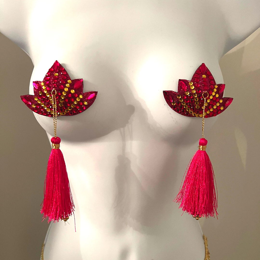 THE PINK LOTUS Pastel de pezón de flor de loto rosa, cubierta de pezón (2 piezas) con borlas de cuentas rosas y doradas para lencería Carnaval Burlesque Rave