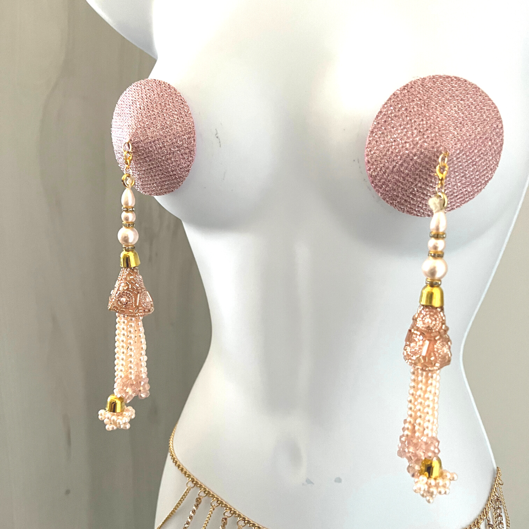 ROSÉ ALL DAY Light Pink Foil & Nipple Pasties, Covers with Hand Beaded Pearl and Gem Tassels (2pcs) Burlesque Lingerie Raves and Festivals Tassels Appeeling