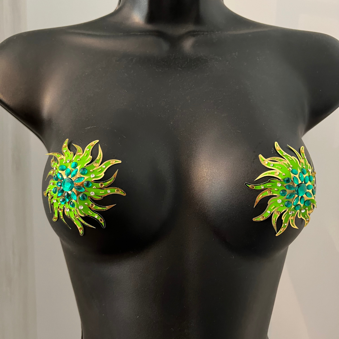 RACY STACY Green and Gold Foil w Crystals Intricate Design Gold Nipple Pasties 2pcs, Covers for Festivals, Carnival Raves Burlesque Lingerie