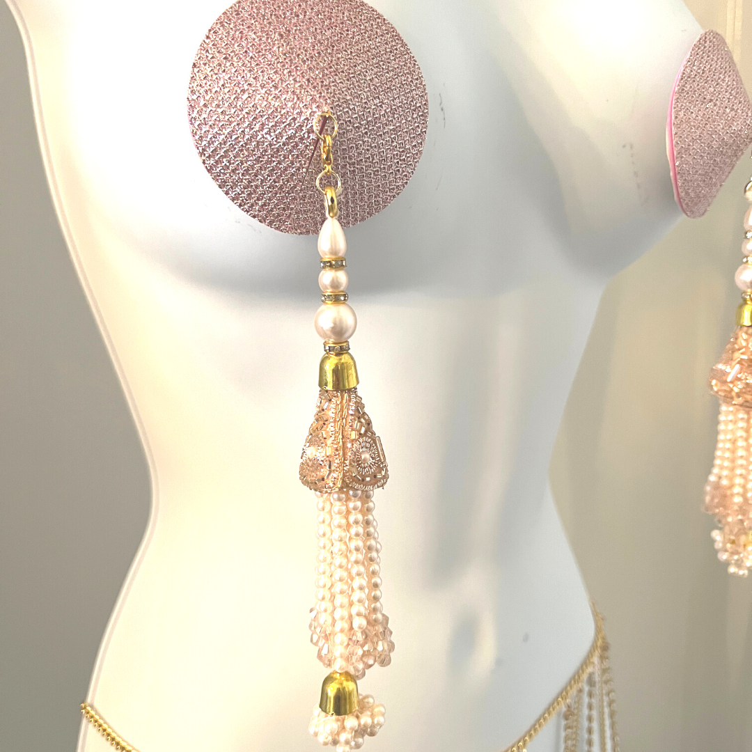 ROSÉ ALL DAY Light Pink Foil & Nipple Pasties, Covers with Hand Beaded Pearl and Gem Tassels (2pcs) Burlesque Lingerie Raves and Festivals Tassels Appeeling