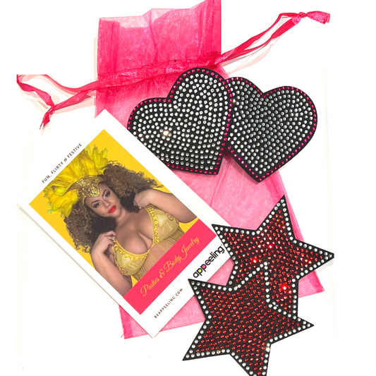 ROCK STAR BUNDLE - 2 Pairs of Reusable Crystal Heart Nipple Pasties, Covers (4pcs) for Burlesque Raves Lingerie and Festivals – SALE