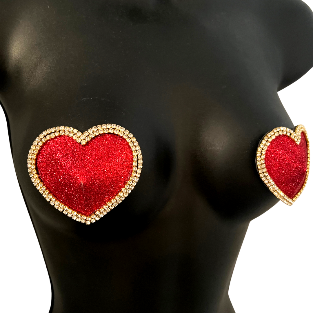 MON CHERIE Red, Pink, Green or Blue Glitter Heart and Rhinestone Nippl