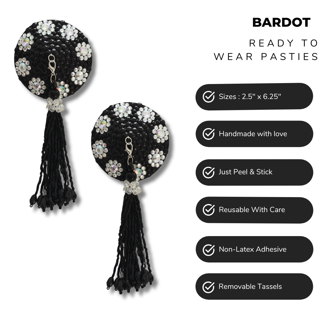 BARDOT Black Crystal Pasties with Clear Crystal Flowers with Removable Hand Beaded Tassels (2pcs)