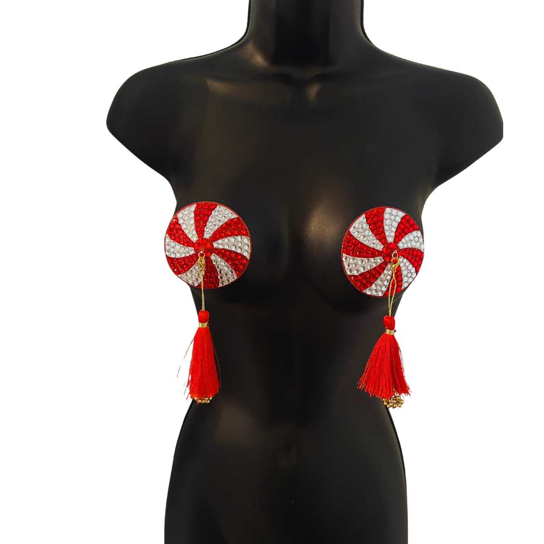 KANDI KANE Red & White Holiday Candy Nipple Pasties, Covers with Hand Beaded Tassels (2pcs)