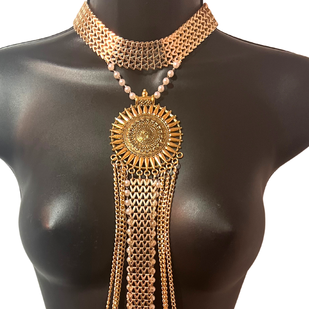 RADIANCE Cadena corporal hecha a mano con cuentas de oro y perlas