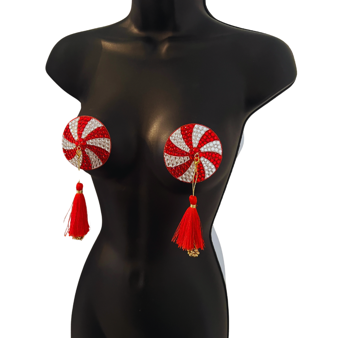 KANDI KANE Rouge et Blanc Holiday Candy Nipple Pasties, Couvertures avec glands perlés à la main (2pcs) pour Burlesque Raves Lingerie Raves et Festivals