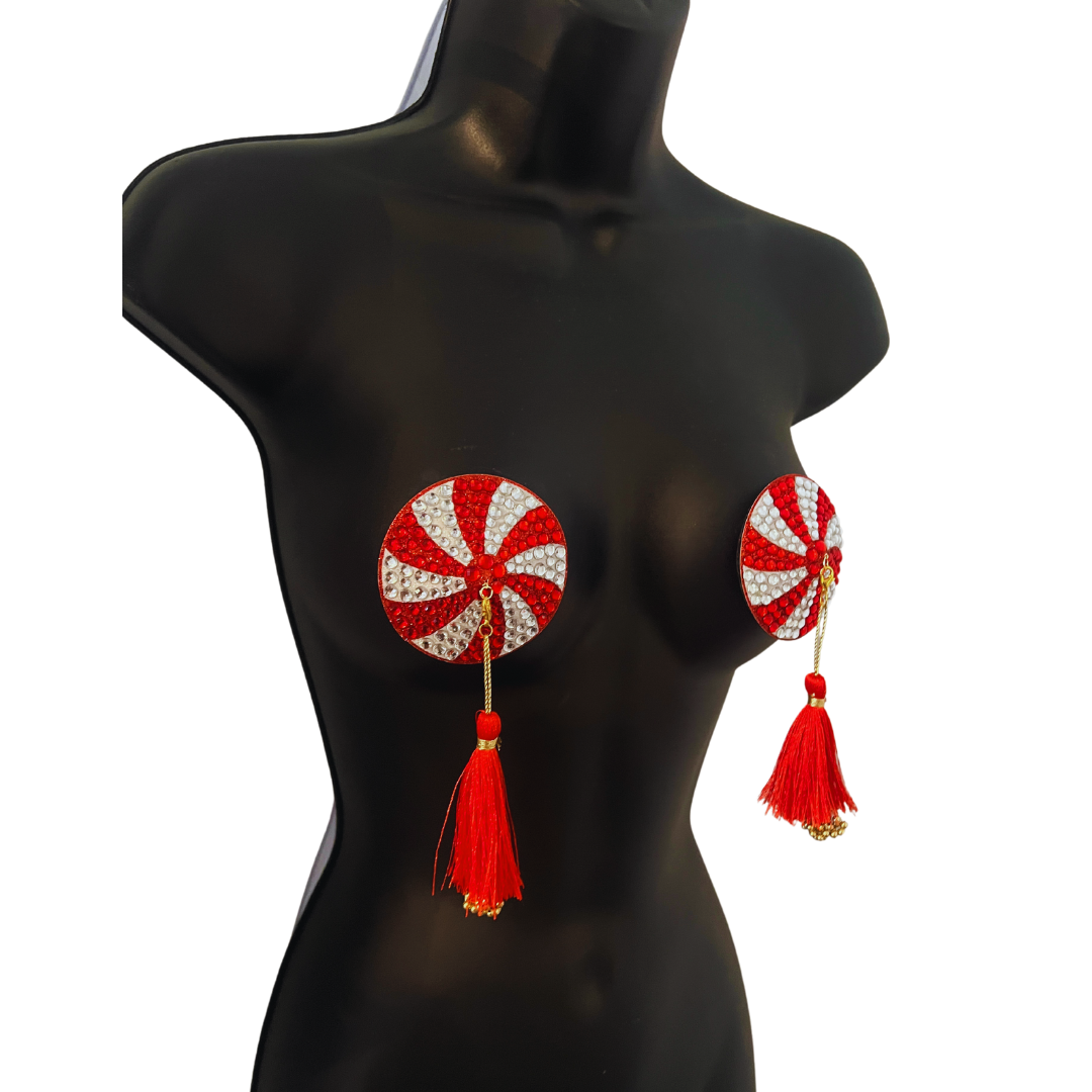 KANDI KANE Red & White Holiday Candy Nipple Pasties, Covers with Hand Beaded Tassels (2pcs)