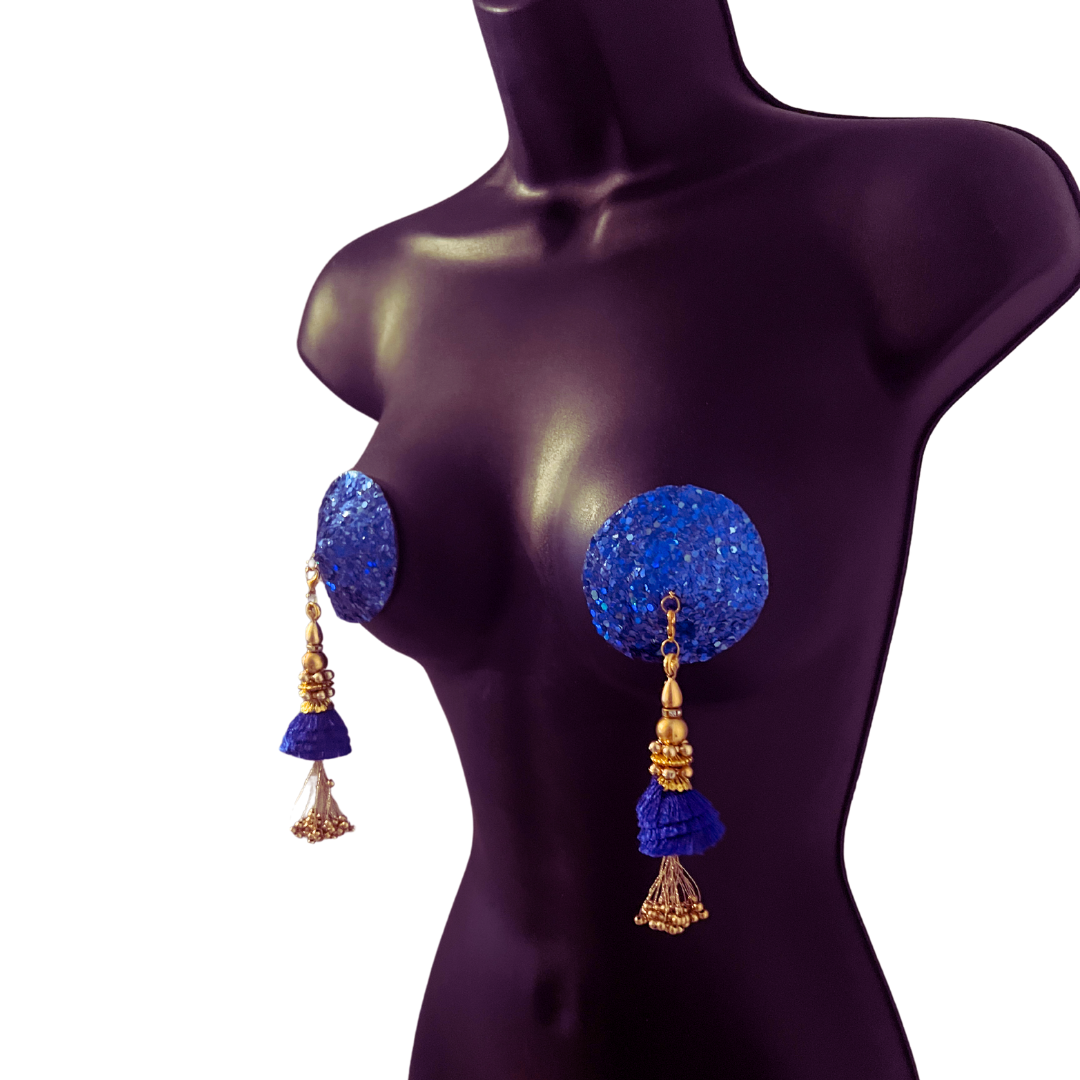SAPPHIRE Blue Glitter  Nipple Pasties, Pasty (2pcs) with Removable Tassels (2pcs) Burlesque Lingerie Raves and Festivals