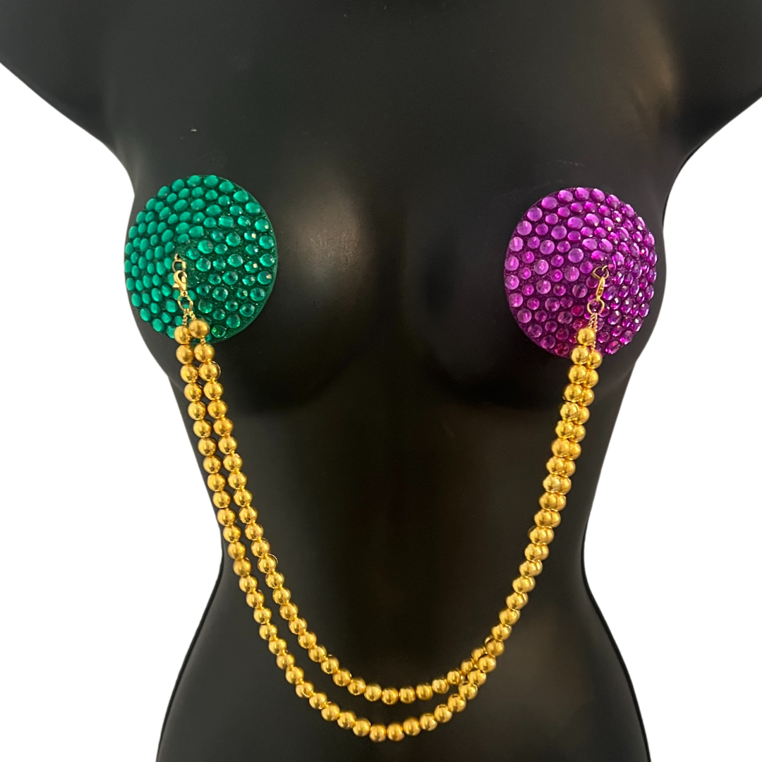 BOURBON BEADS Mardi Gras Themed Purple and Green Nipple Pasties Covers (2pcs) with Removable Gold Beads Tassels