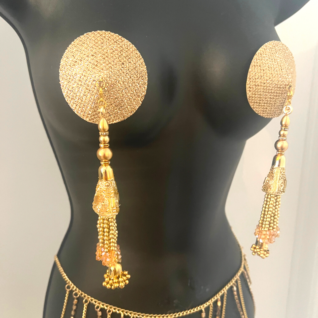 CHAMPAGNE MULE Gold Foil Nipple Pasties, Couvertures (2pcs) avec glands de pierres précieuses perlées à la main (2pcs) Raves et festivals de lingerie burlesque