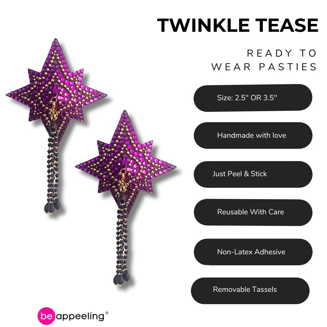 TWINKLE TEASE Dirty Martini x Appeeling Purple Glitter & Gem STAR Pasties with removable tassels (2pcs)