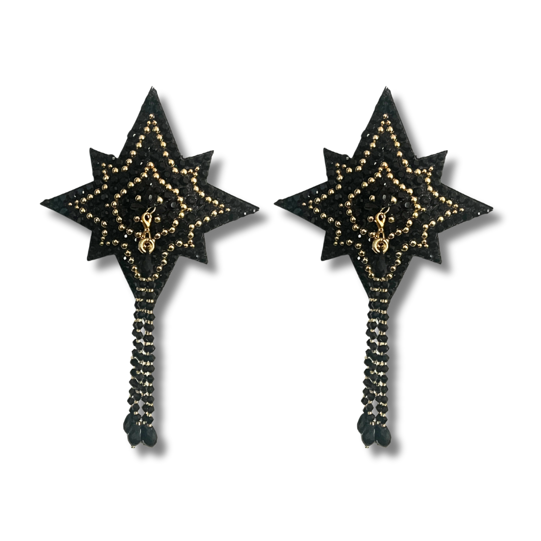 TWINKLE TEASE Dirty Martini x Appeeling Black Glitter & Gem STAR Pasties with removable tassels (2pcs)