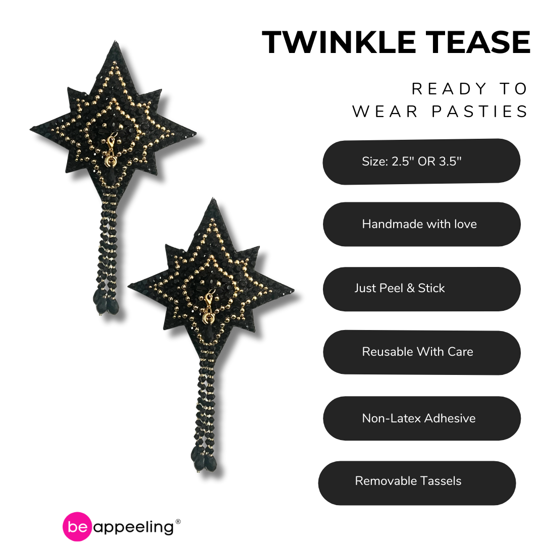 TWINKLE TEASE Dirty Martini x Appeeling Black Glitter & Gem STAR Pasties with removable tassels (2pcs)