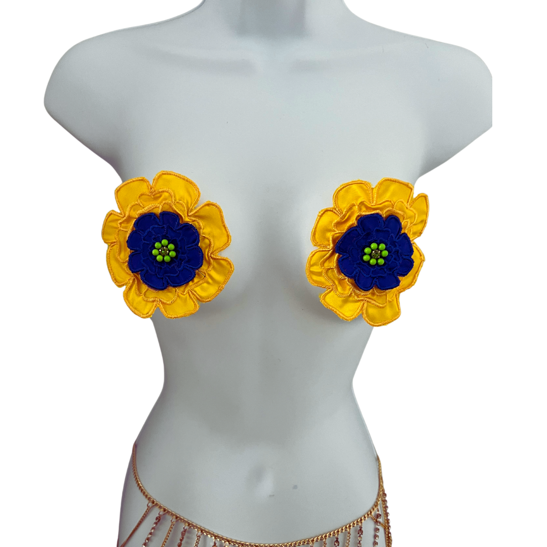 FLOWER GIRL Embroidered Blue and Yellow Flowers (LARGE) with Beaded and Gem Centre Nipple Pasty, Cover (2 pcs)