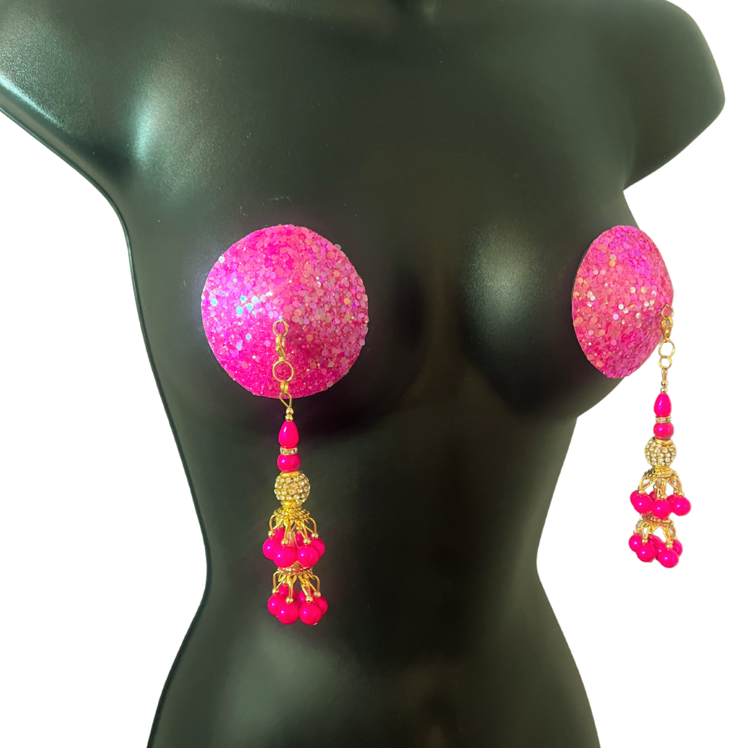 MARGOT Pink Glitter Nipple Pasties, Pasty (2pcs) with Removable Tassels