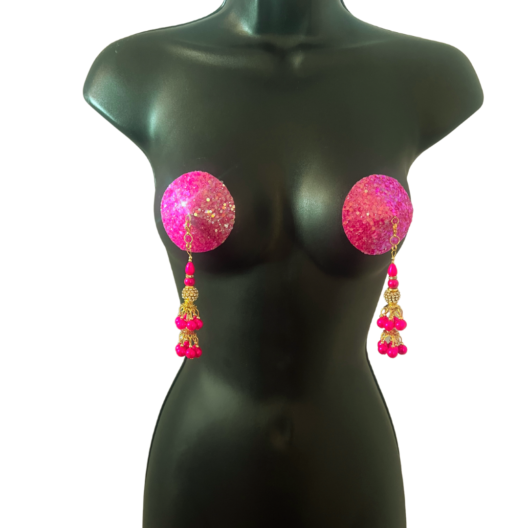 MARGOT Pink Glitter Nipple Pasties, Pasty (2pcs) with Removable Tassels