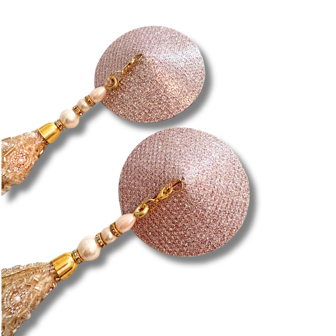 CHAMPAGNE KISS Gold Or Rose Gold Foil Nipple Pasties, Covers (2pcs) with Hand Beaded Gem Tassels (2pcs) Burlesque Lingerie Raves and Festivals Tassels Appeeling