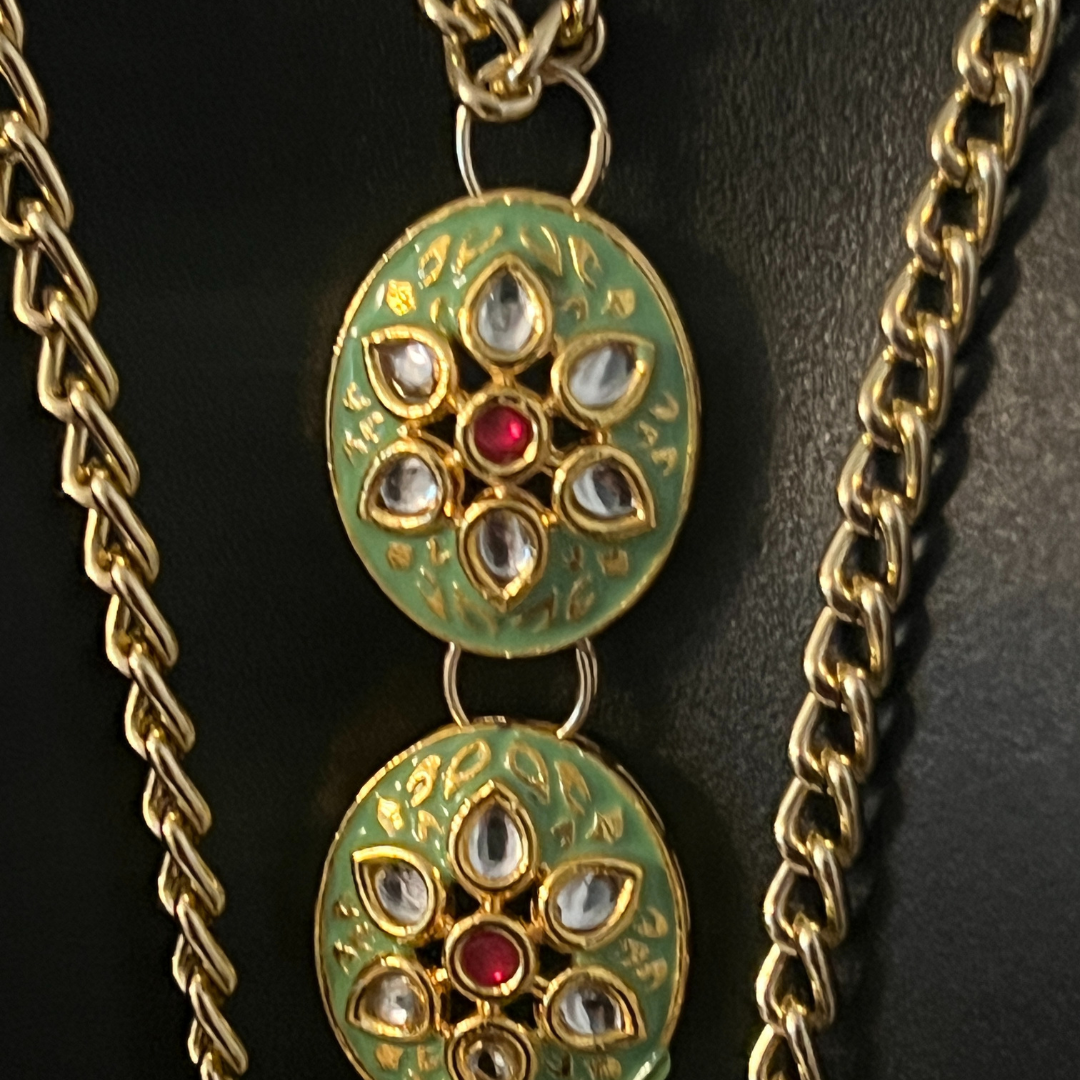 JUNO Cascade of Gold Chains with Green Floral Enamel Accents Handmade Body Chain