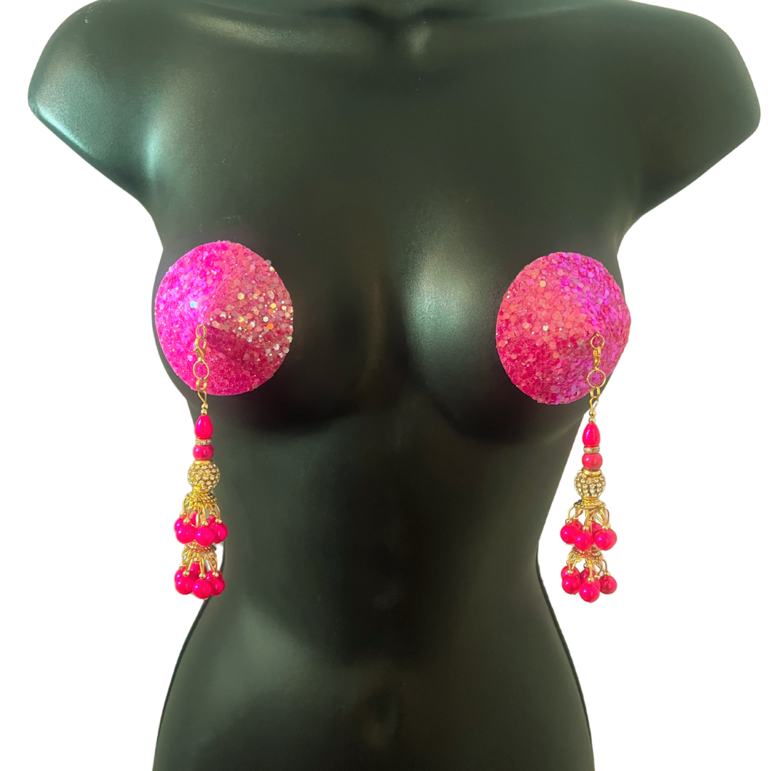 MARGOT Pink Glitter Nipple Pasties, Pasty (2pcs) with Removable Tassels