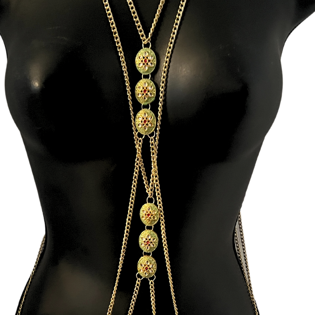 JUNO Cascade of Gold Chains with Green Floral Enamel Accents Handmade Body Chain