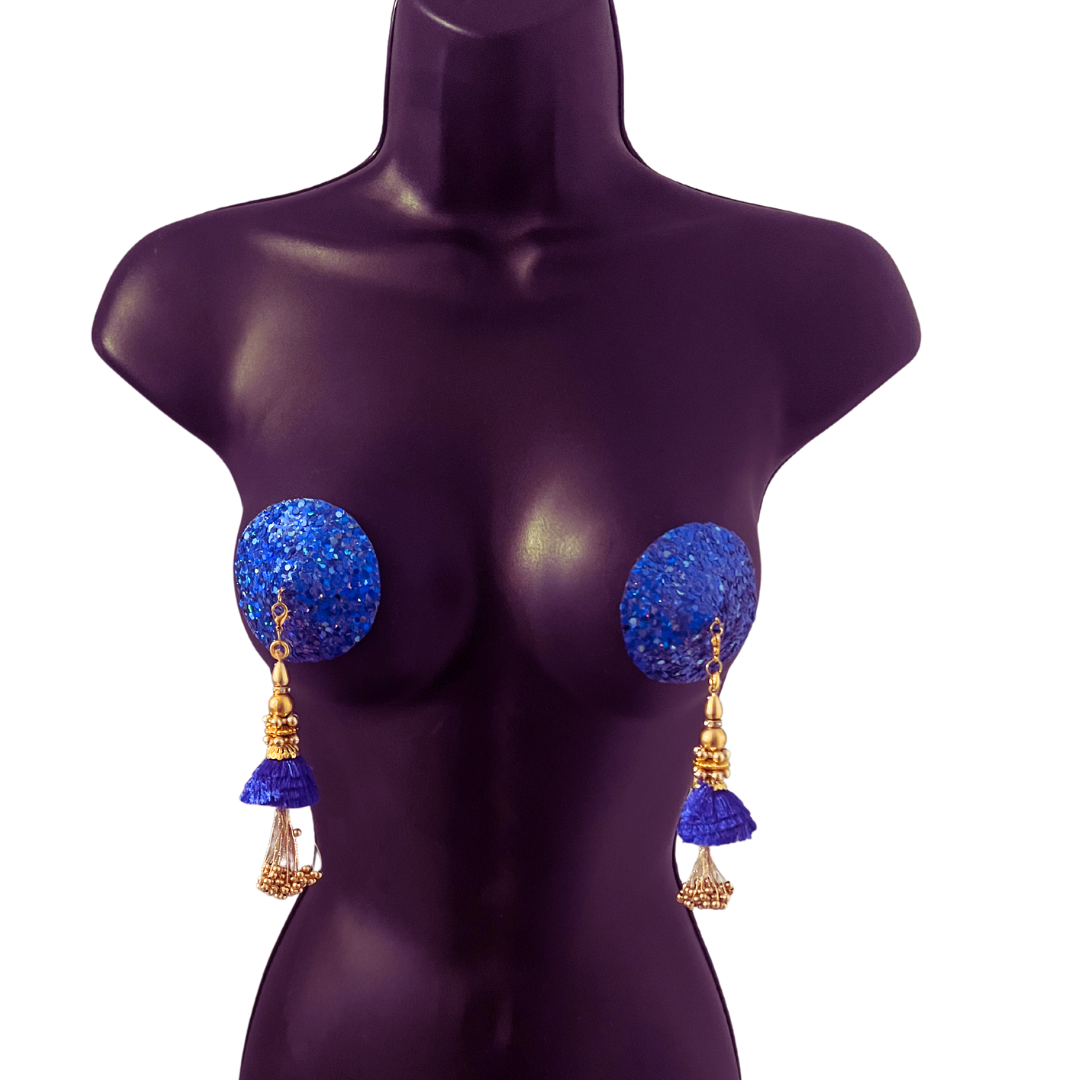 SAPPHIRE Blue Glitter  Nipple Pasties, Pasty (2pcs) with Removable Tassels (2pcs) Burlesque Lingerie Raves and Festivals