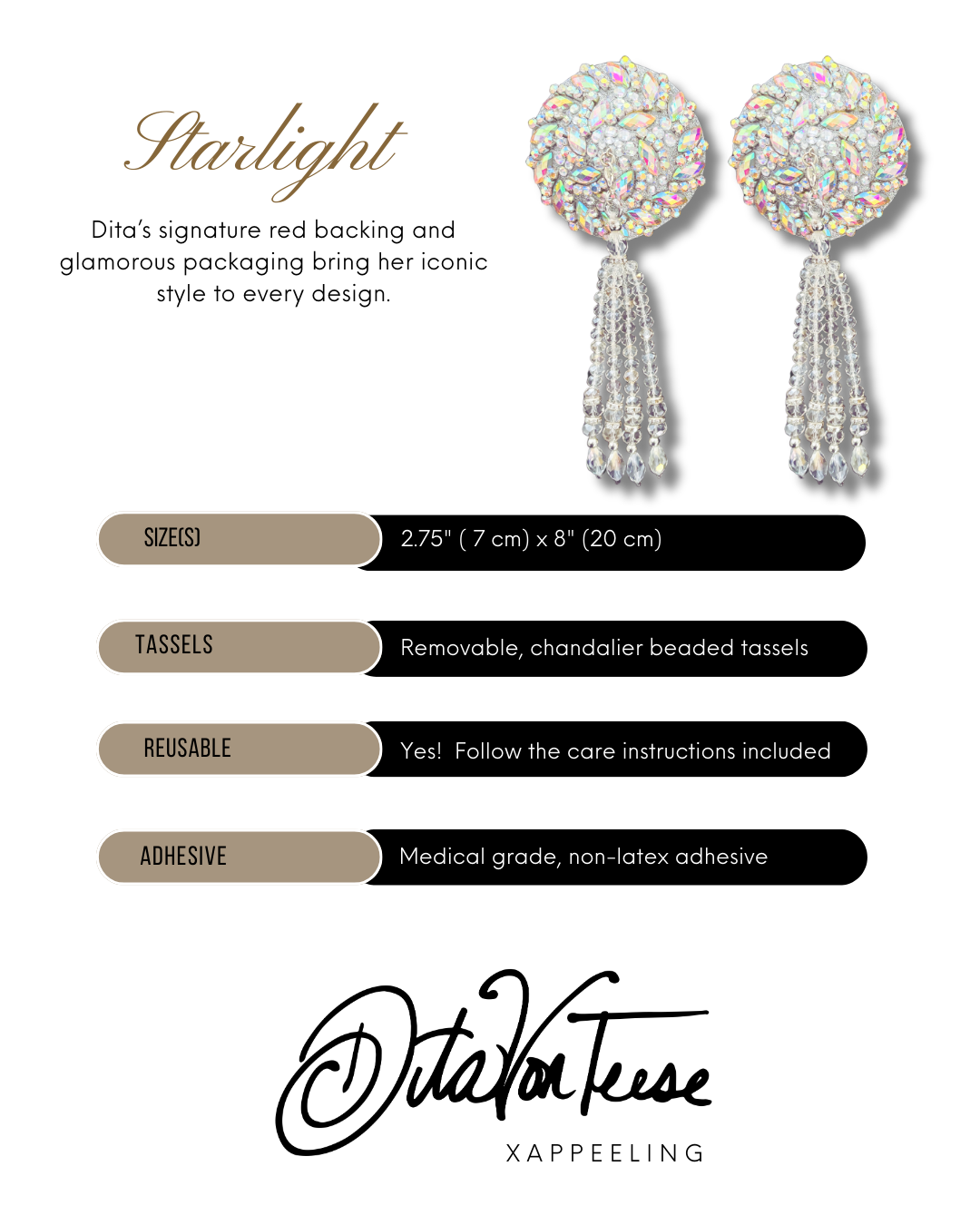 DITA VON TEESE STARLIGHT Glitter & Crystal Pasties with Removable Hand-Beaded Tassels (2pcs)