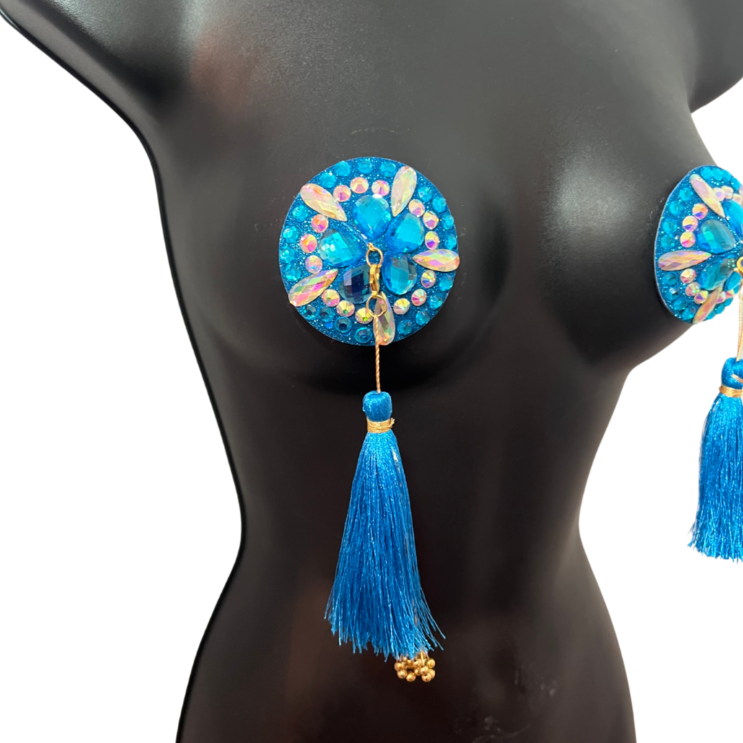 BLUE BELL Blue &amp; Teal Nipple Pasties, couvertures avec glands