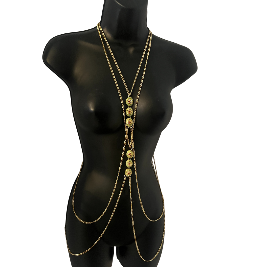 JUNO Cascade of Gold Chains with Green Floral Enamel Accents Handmade Body Chain