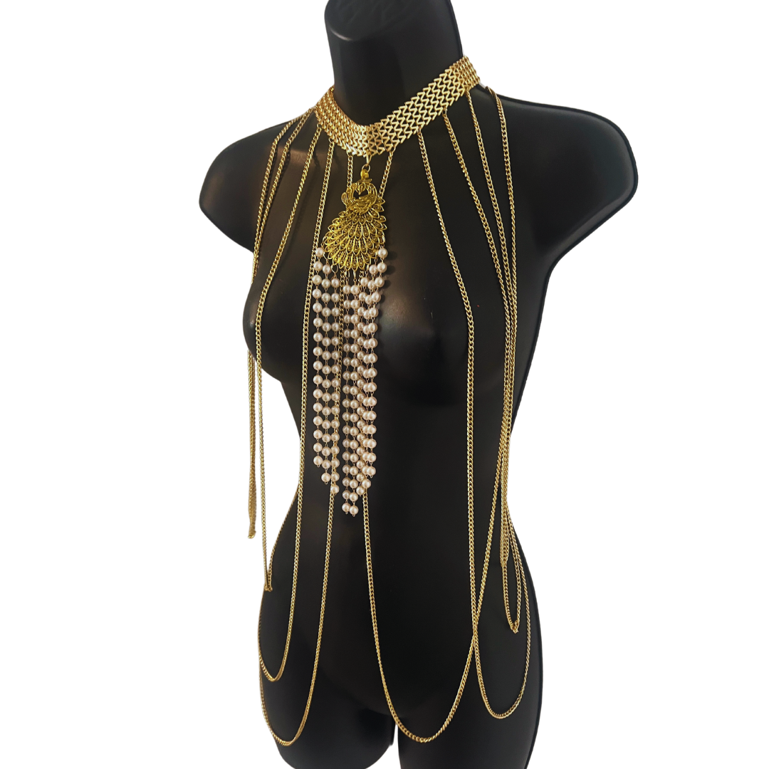 APHRODITE Cascade of Gold Chains with Pearls and Gold Centrepiece Handmade Body Chain