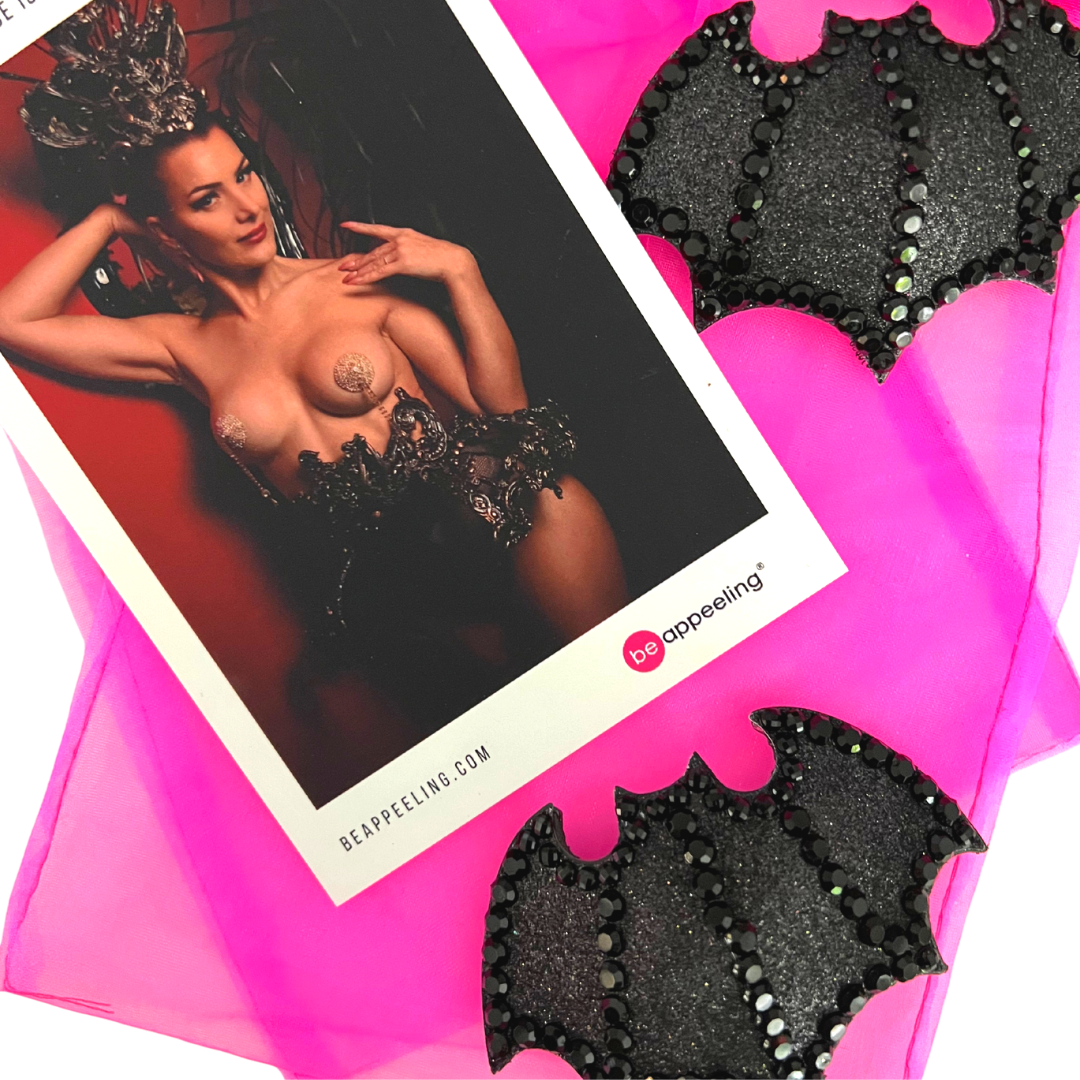 BATTITUDE Pasties de pezón de murciélago negro formado, cubiertas (2 piezas) para festivales de lencería burlesca Raves y Halloween