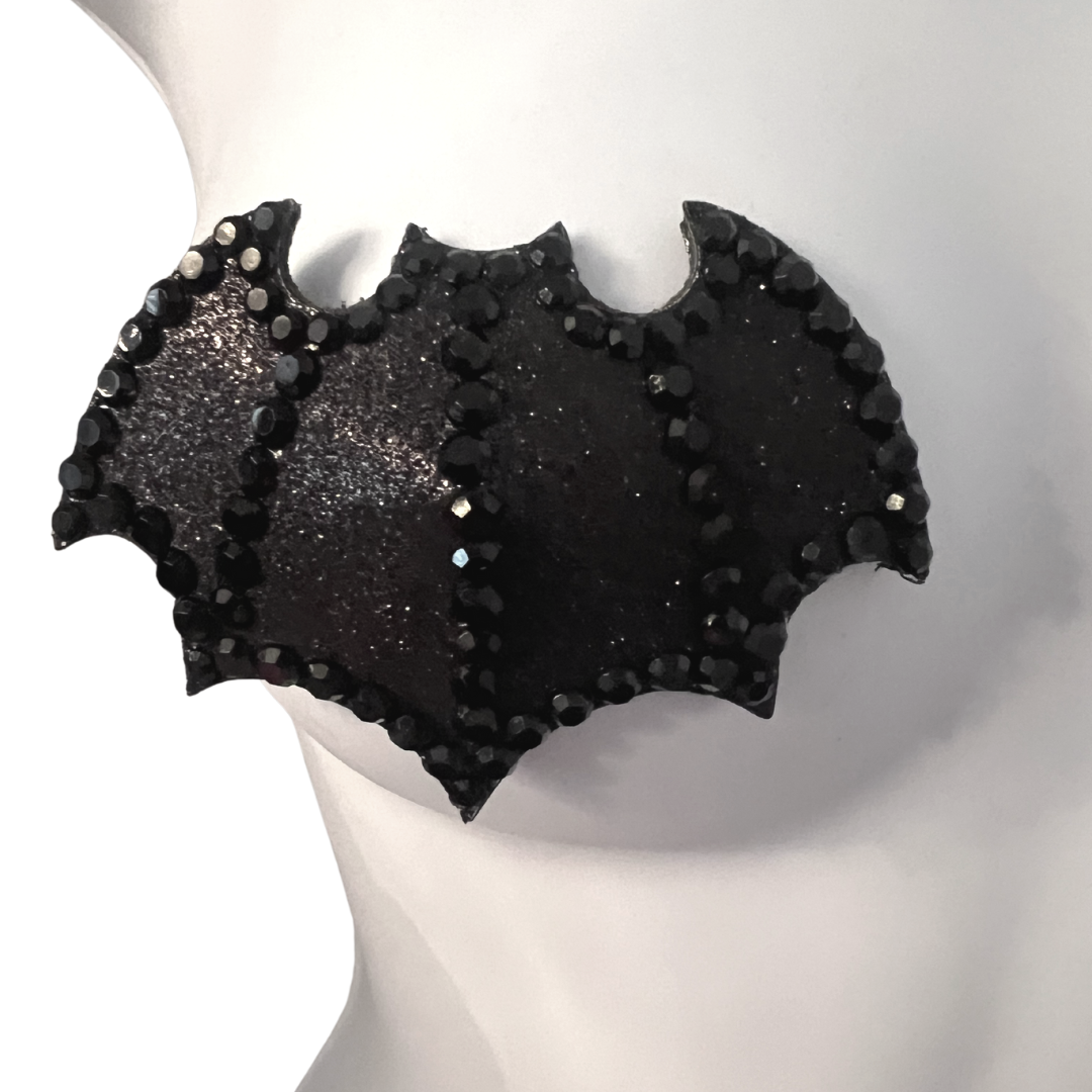 BATTITUDE Pasties de pezón de murciélago negro formado, cubiertas (2 piezas) para festivales de lencería burlesca Raves y Halloween