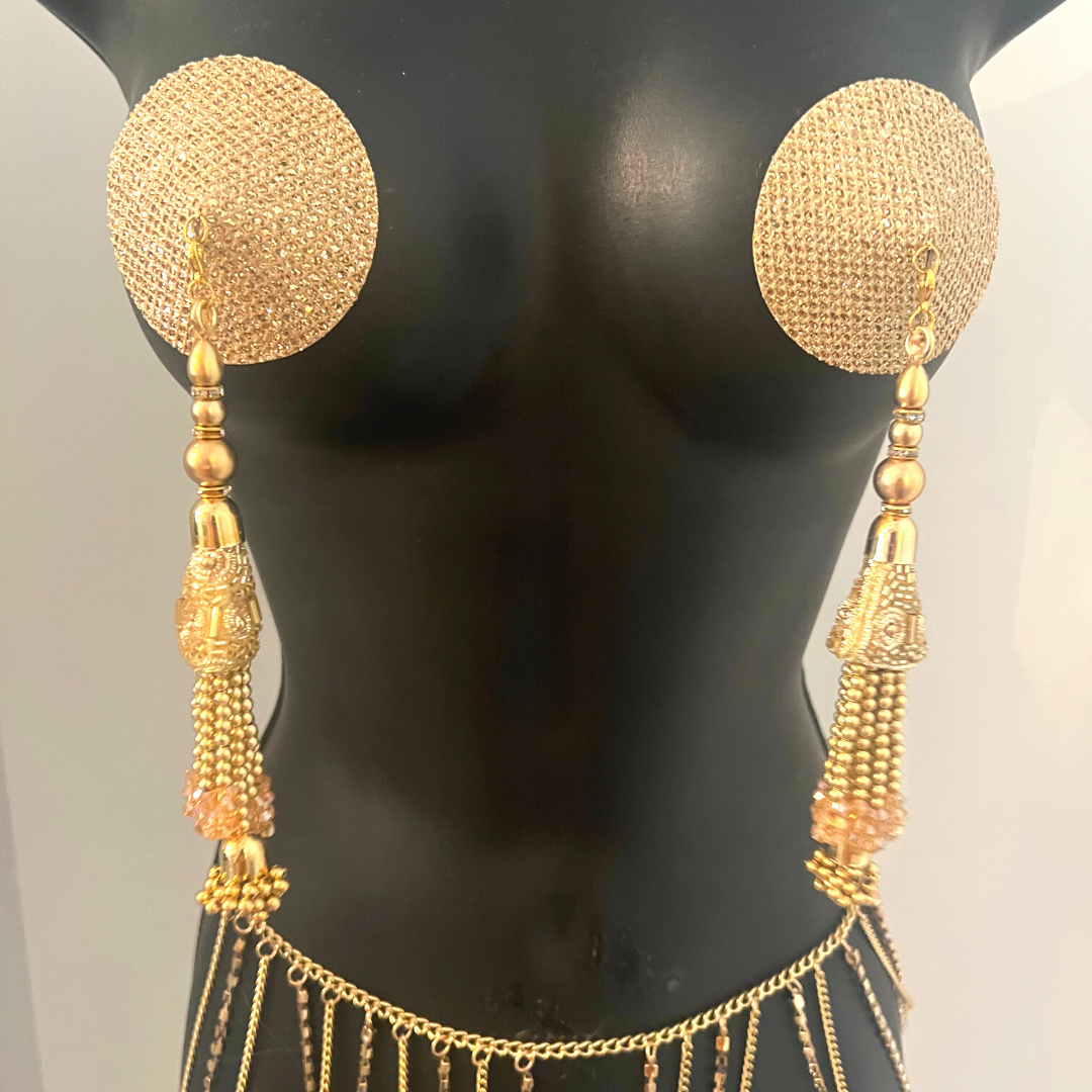 CHAMPAGNE MULE Gold Foil Nipple Pasties, Couvertures (2pcs) avec glands de pierres précieuses perlées à la main (2pcs) Raves et festivals de lingerie burlesque