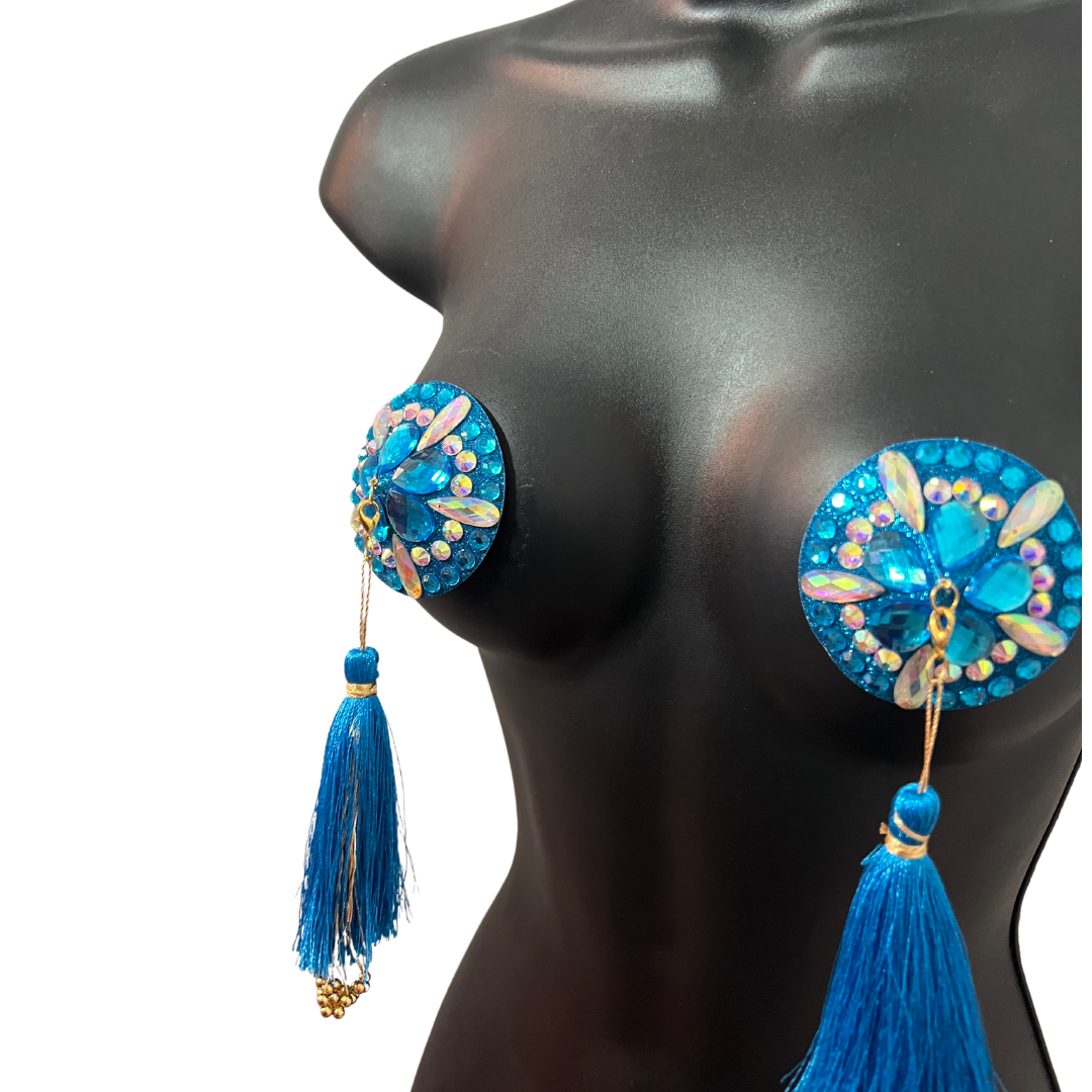 BLUE BELL Blue & Teal Nipple Pasties, covers with Tassels