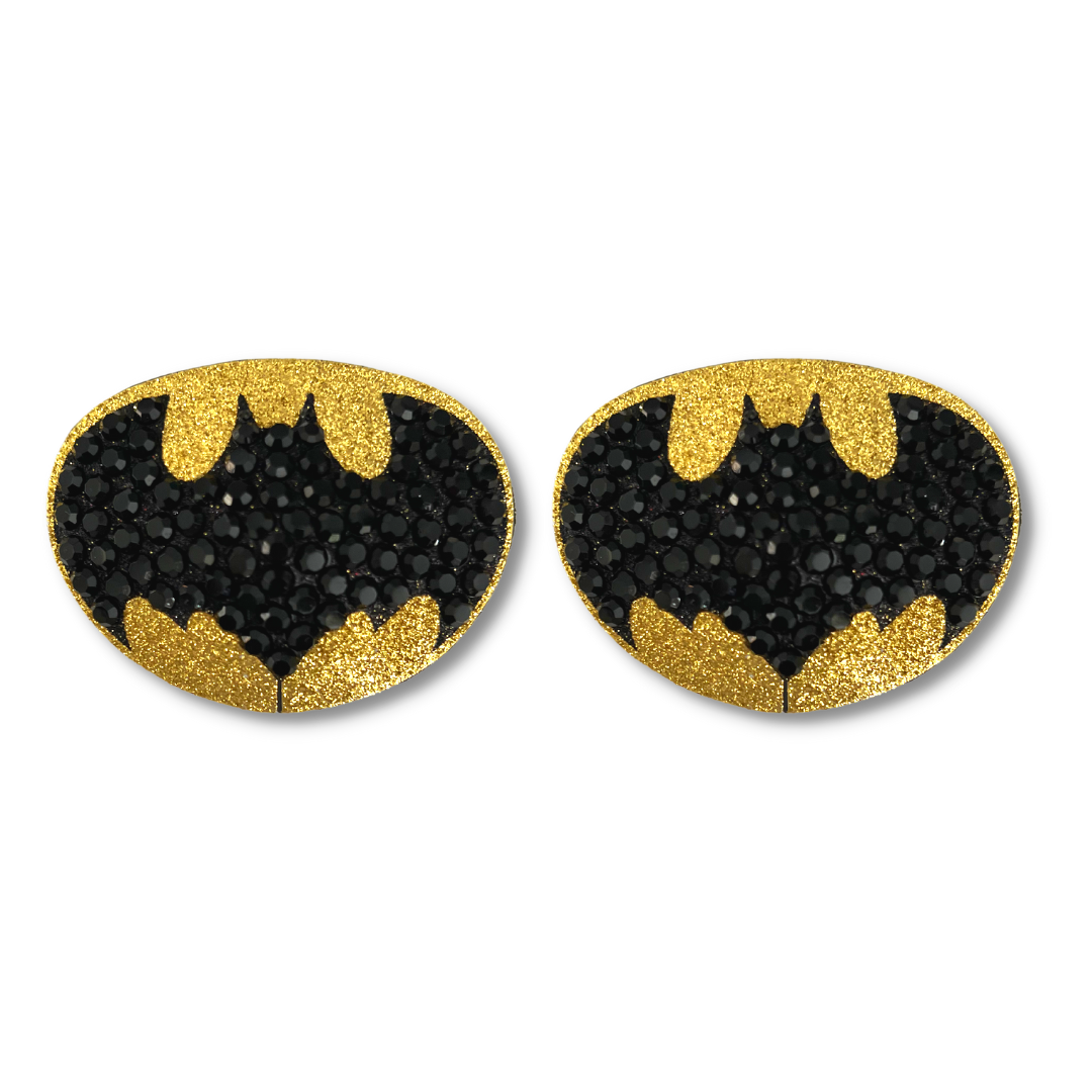 BAT SIGNAL Pasties de pezón de murciélago negro y ovalado dorado, cubiertas (2 piezas) para festivales Raves de lencería burlesca y Halloween