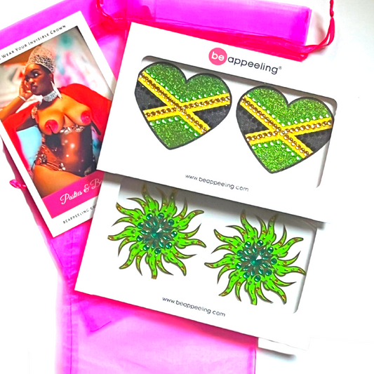JAMAICA GREEN Bundle (2 paires, 4 pcs) - Pâte à tétons inspirée du Carnaval, Couverture, Glands pour Lingerie Burlesque Raves Carnaval - VENTE