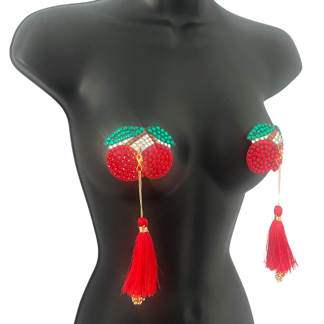 CHERRIES JUBILEE Red Cherry Nipple Pasty, Couvre-tétons (2pcs) avec pompons amovibles pour lingerie carnaval burlesque rave