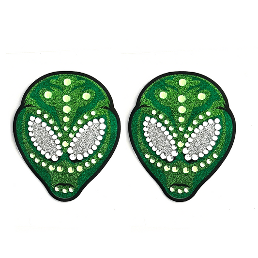 ALIEN SUPERNOVA Green Glitter &amp; Gem Alien Pezón Pasties, Cubiertas (2 piezas) para Burlesque, Rave Carnival Halloween y festivales