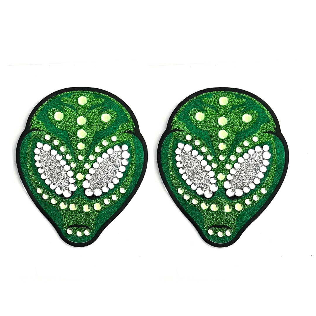 ALIEN SUPERNOVA Green Glitter & Gem Alien Nipple Pasties, Covers (2pcs) for Burlesque, Rave Carnival Halloween and Festivals