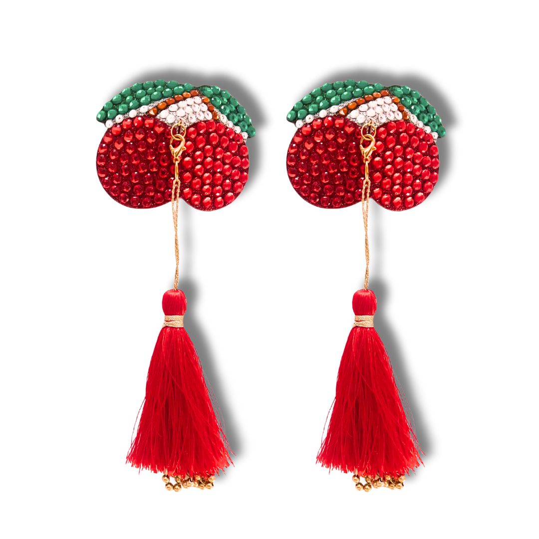 CHERRIES JUBILEE Red Cherry Nipple Pasty, Couvre-tétons (2pcs) avec pompons amovibles pour lingerie carnaval burlesque rave