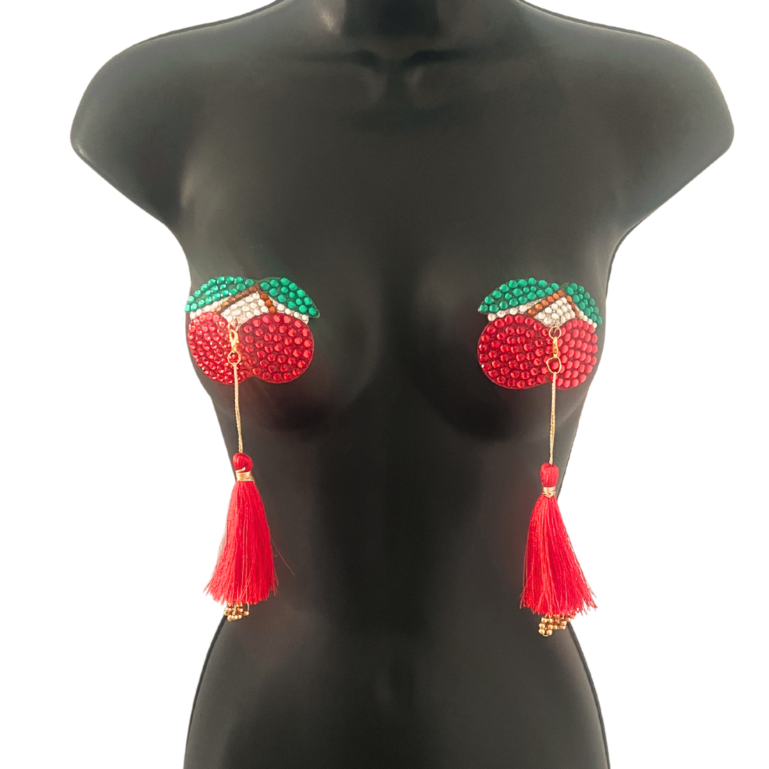 CHERRIES JUBILEE Red Cherry Nipple Pasty, Couvre-tétons (2pcs) avec pompons amovibles pour lingerie carnaval burlesque rave