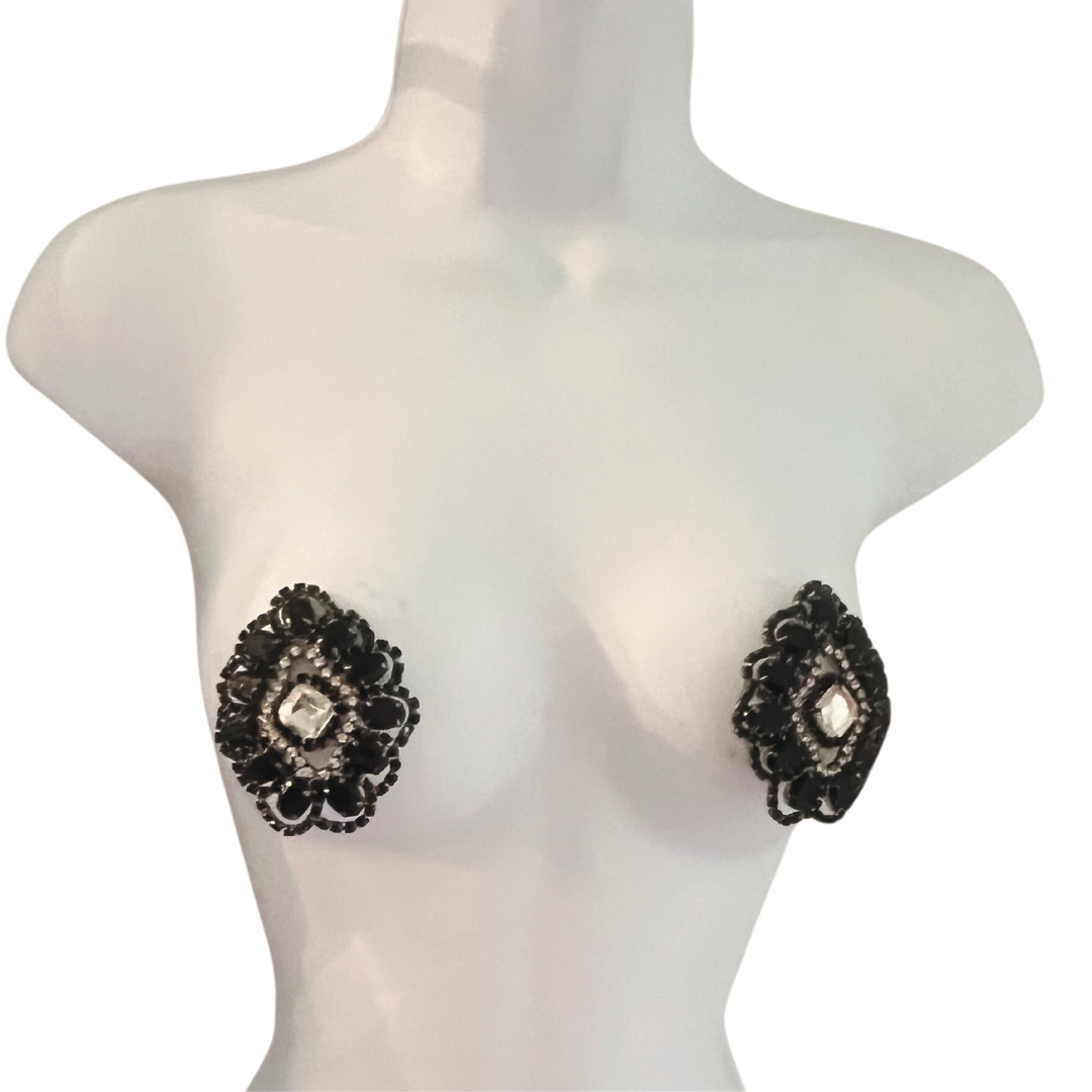 COCO CABARET Intricate and Gorgeous Design Black Gem &  Rhinestone  Nipple Pasties,  Covers (2pcs)