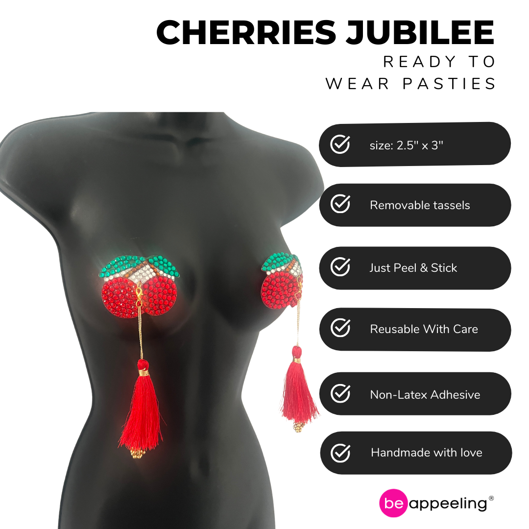 CHERRIES JUBILEE Red Cherry Nipple Pasty, Couvre-tétons (2pcs) avec pompons amovibles pour lingerie carnaval burlesque rave