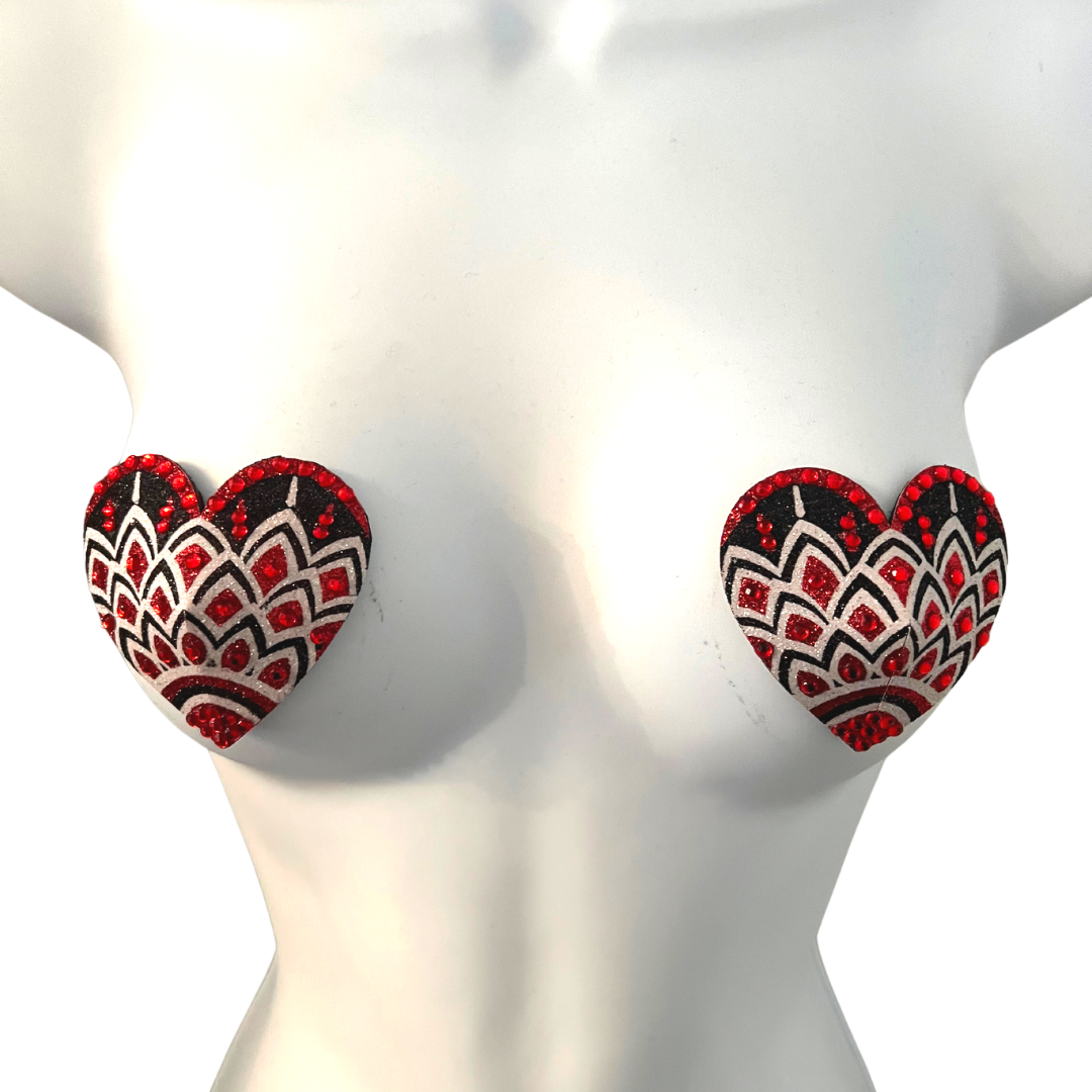 ALI ROSE  Red, Black and White Mosaic Glitter Heart and Gem Nipple Pasty, Covers (2pcs) for Burlesque Lingerie Raves and Festivals