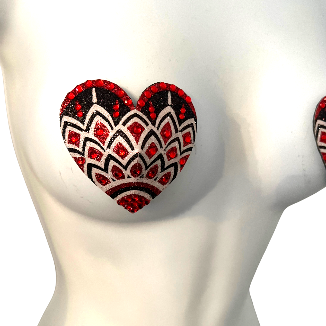 ALI ROSE Mosaico rojo, blanco y negro con purpurina en forma de corazón y gema para pezones, fundas (2 unidades) para raves y festivales de lencería burlesca