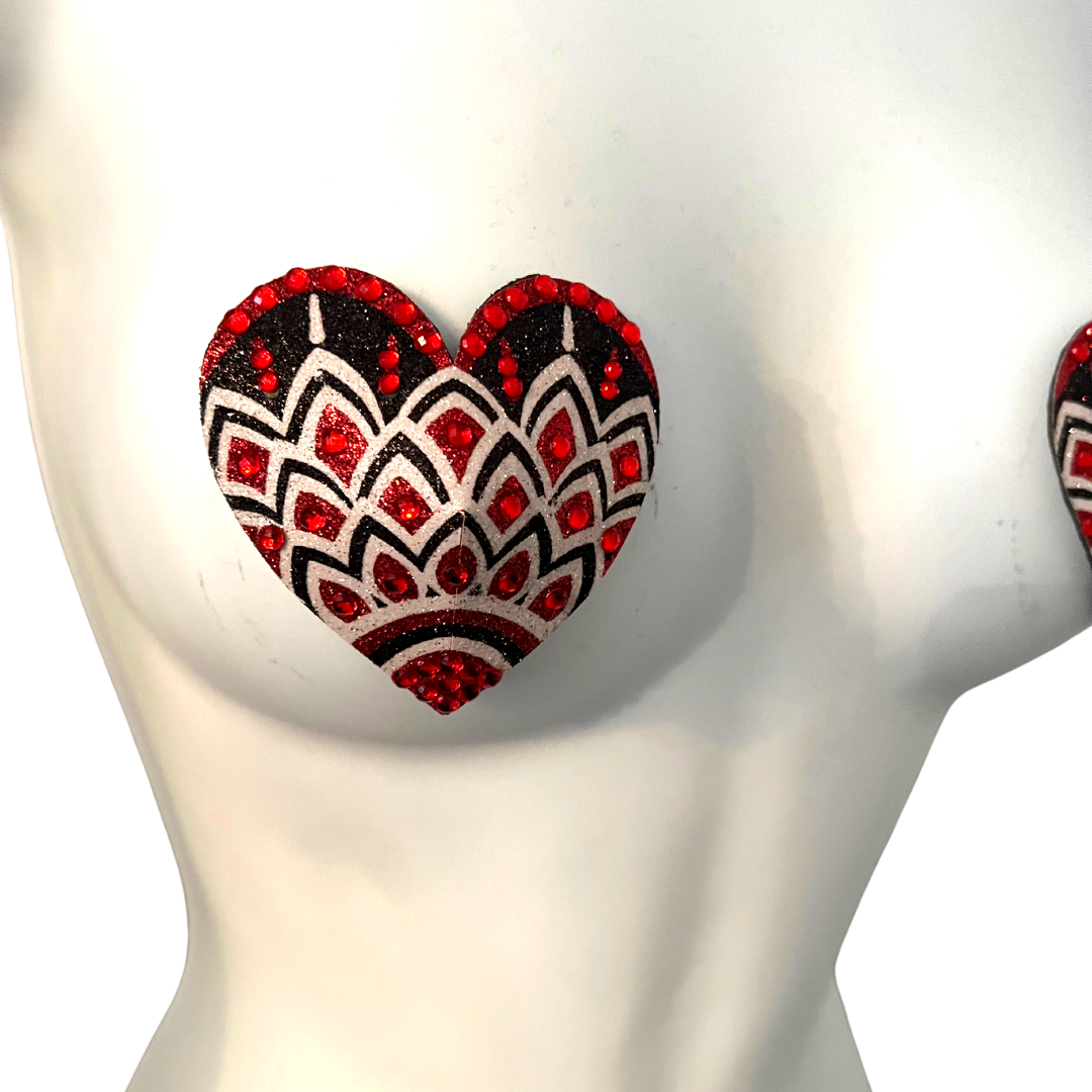 ALI ROSE  Red, Black and White Mosaic Glitter Heart and Gem Nipple Pasty, Covers (2pcs) for Burlesque Lingerie Raves and Festivals